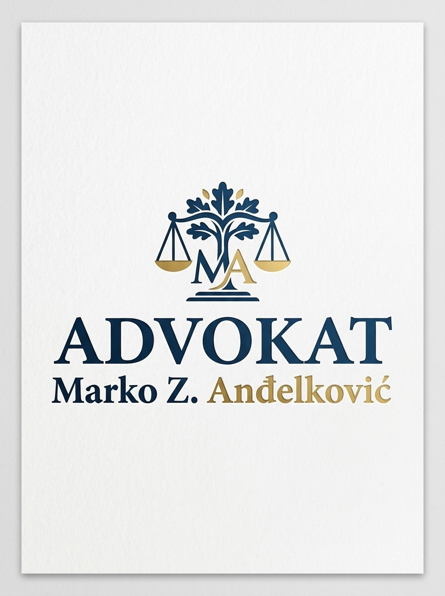 Law firm logo with a blue scales-and-tree emblem, initials MA, and the name Marko Z. Andelkovic in dark blue and gold.