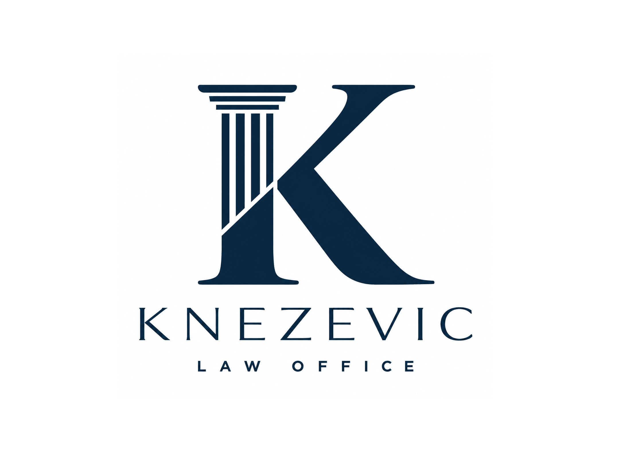 Knezevic Law Office logo with a large navy initial K and column motif